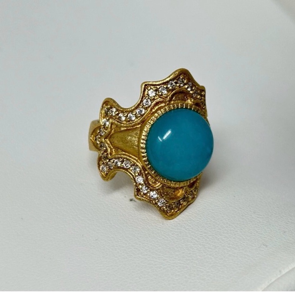 Ralph Lauren Matte Gold-Plated Clear Rhinestone Blue Cabochon Size 6.75/7 Ring - Picture 3 of 7